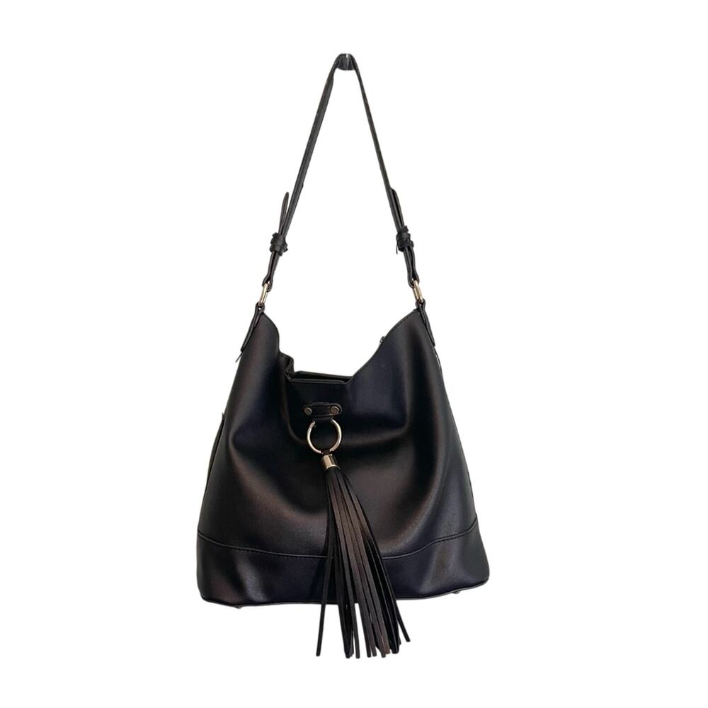 Lulu Dharma Womens Leather Tasseled Shoulder Handbag Bucket Bag Black One Size